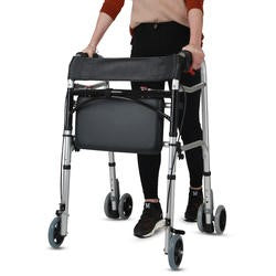 Lightweight Aluminum Two-Button Folding Walker with Wheels and Hand Brake