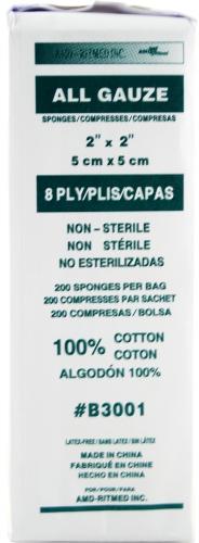 AMD-Ritmed B3001 non-sterile 8-ply gauze sponges, 2 × 2 in