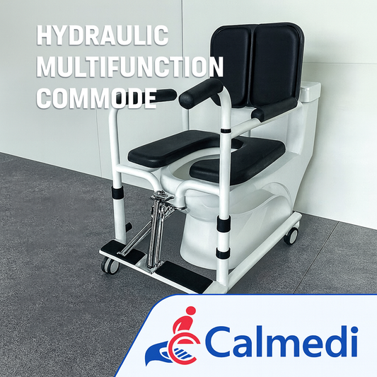 "Hydraulic multifunction commode with adjustable armrests and locking wheels for safe seated transfers at home."