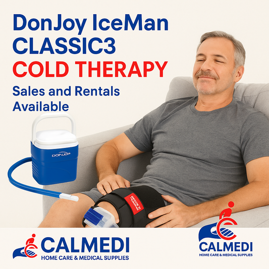 “Patient using DonJoy IceMan CLASSIC3 cold therapy system with a knee Wrap-On Pad.”