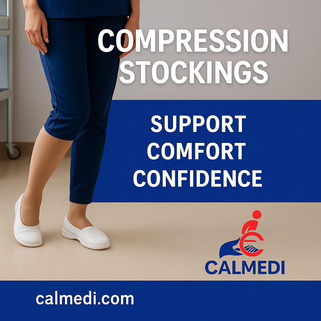 Healthcare worker wearing medical compression stockings during a long shift — Calmedi branding visible.