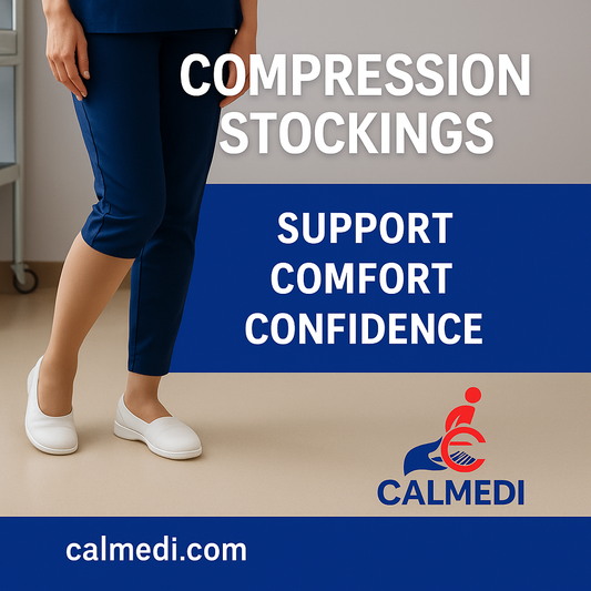 Healthcare worker wearing medical compression stockings during a long shift — Calmedi branding visible.