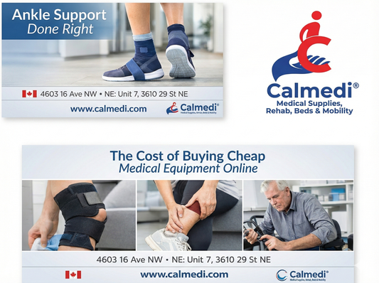 Professional fitting of medical equipment including braces, compression stockings, and mobility aids in a medical supply clinic