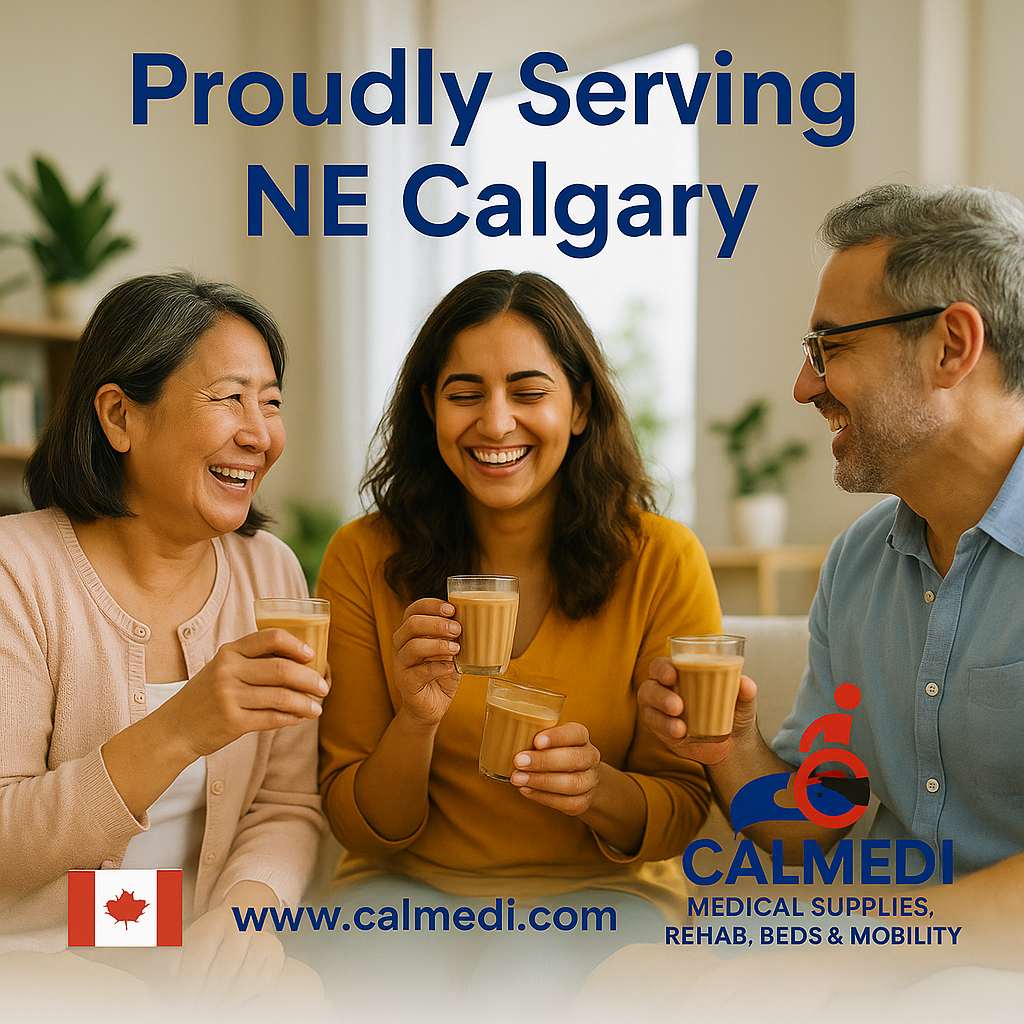 A friendly NE Calgary scene with diverse people smiling outdoors, with Calmedi branding showing www.calmedi.com, Canadian flag, and tagline “Medical Supplies, Rehab, Beds & Mobility.”