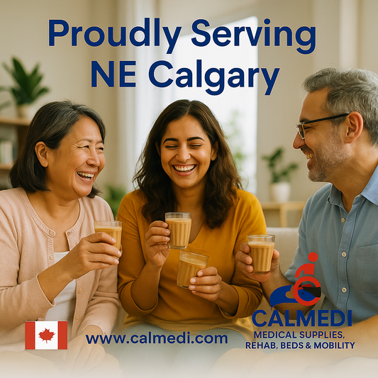 A friendly NE Calgary scene with diverse people smiling outdoors, with Calmedi branding showing www.calmedi.com, Canadian flag, and tagline “Medical Supplies, Rehab, Beds & Mobility.”