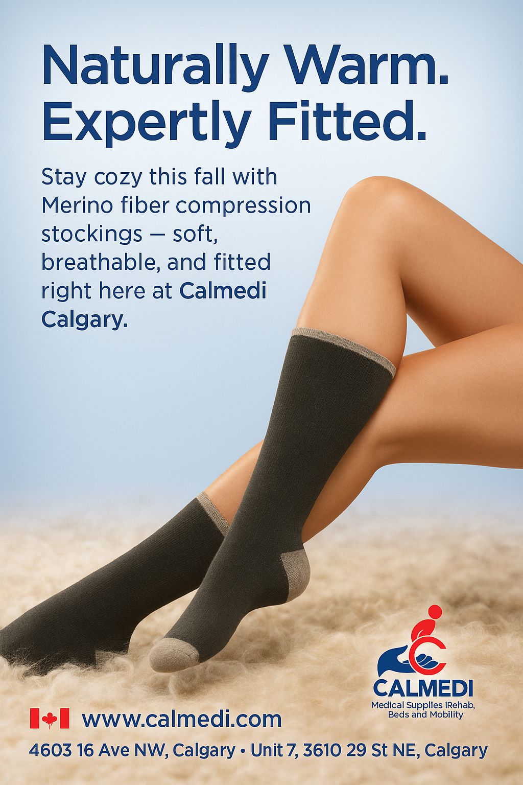 “Close-up of cozy Merino wool compression stockings showing Calmedi logo and tagline — naturally warm, expertly fitted.”