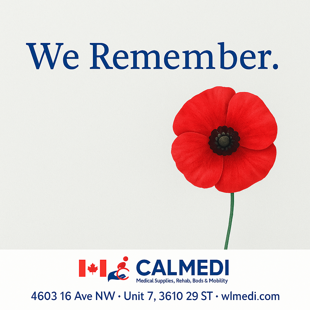 “Red poppy on light background symbolizing reflection before Remembrance Day, with Calmedi Calgary tribute message.”