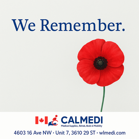 “Red poppy on light background symbolizing reflection before Remembrance Day, with Calmedi Calgary tribute message.”
