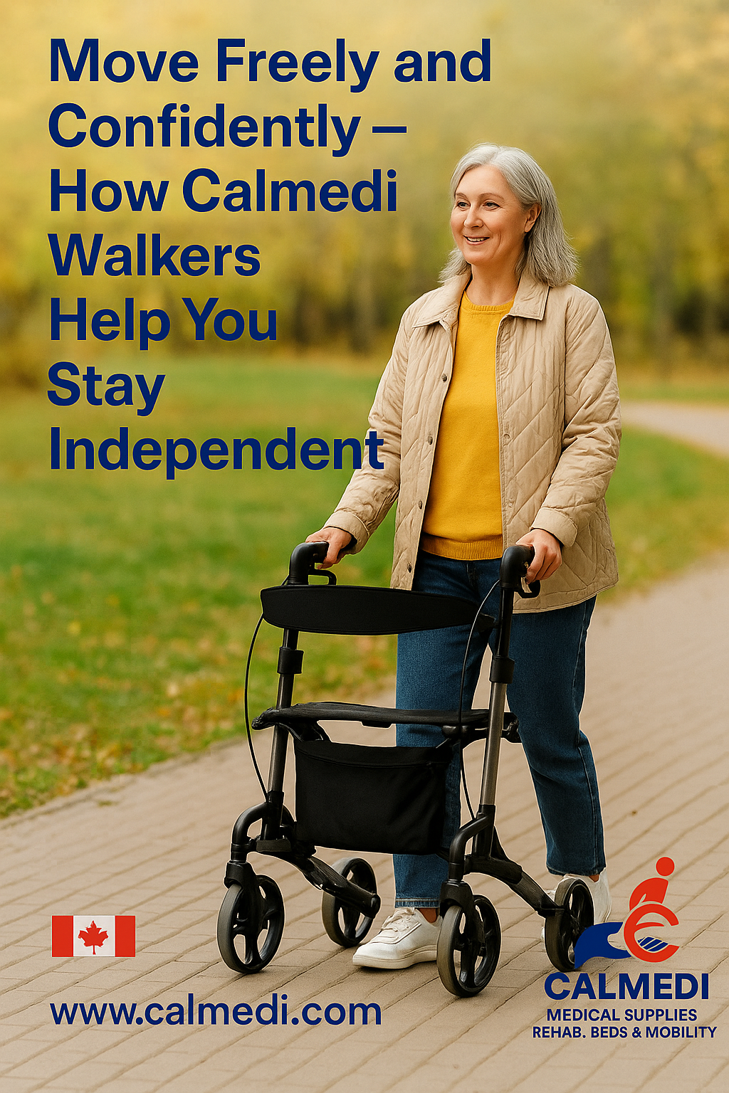 A happy elderly woman using four wheeled walker to regain her mobility