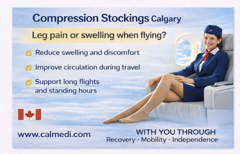 Flight attendant wearing compression stockings demonstrating travel comfort and circulation support in Calgary
