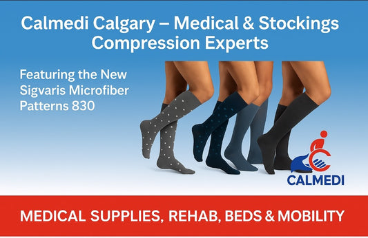 Calmedi compression fitting experts in Calgary showcasing new Sigvaris Microfiber Patterns 830 compression stockings – Grey Hearts, Navy Hearts, Storm Blue Confetti, Graphite Confetti.