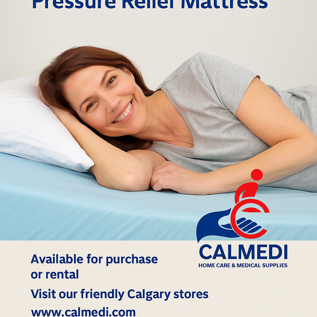 “Peaceful bedroom scene with CalCare Homecare Mattress promoting natural comfort and restful sleep — Calmedi branding bottom right.”