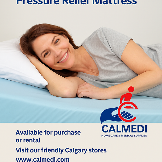 “Peaceful bedroom scene with CalCare Homecare Mattress promoting natural comfort and restful sleep — Calmedi branding bottom right.”