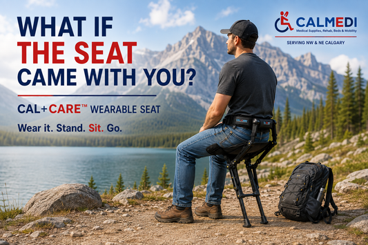 CAL+CARE wearable seat demonstrated outdoors, providing a portable supported resting position without carrying a conventional chair, available from Calmedi in Calgary.