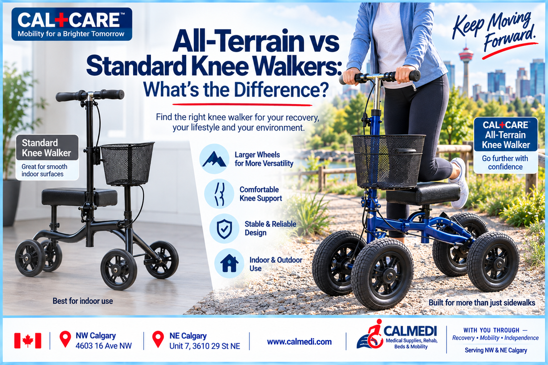 Comparison of a standard knee walker and CAL+CARE all-terrain knee walker, showing the difference between smaller indoor wheels and larger outdoor-oriented wheels for Calgary mobility users.