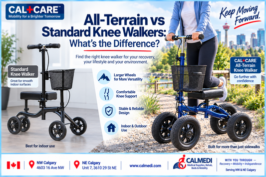 Comparison of a standard knee walker and CAL+CARE all-terrain knee walker, showing the difference between smaller indoor wheels and larger outdoor-oriented wheels for Calgary mobility users.
