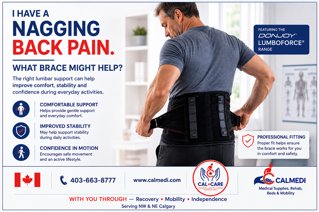 Person wearing a lumbar back brace demonstrating supportive options for everyday back pain management in Calgary.
