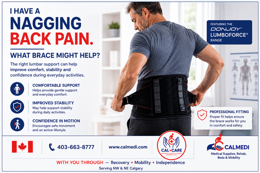 Person wearing a lumbar back brace demonstrating supportive options for everyday back pain management in Calgary.