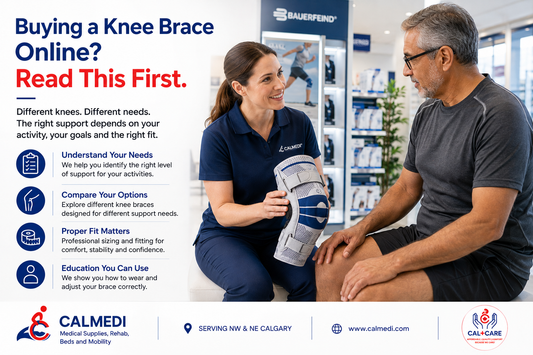 Healthcare professional helping a customer compare Bauerfeind knee braces at Calmedi Medical Supplies in Calgary before choosing the right support.
