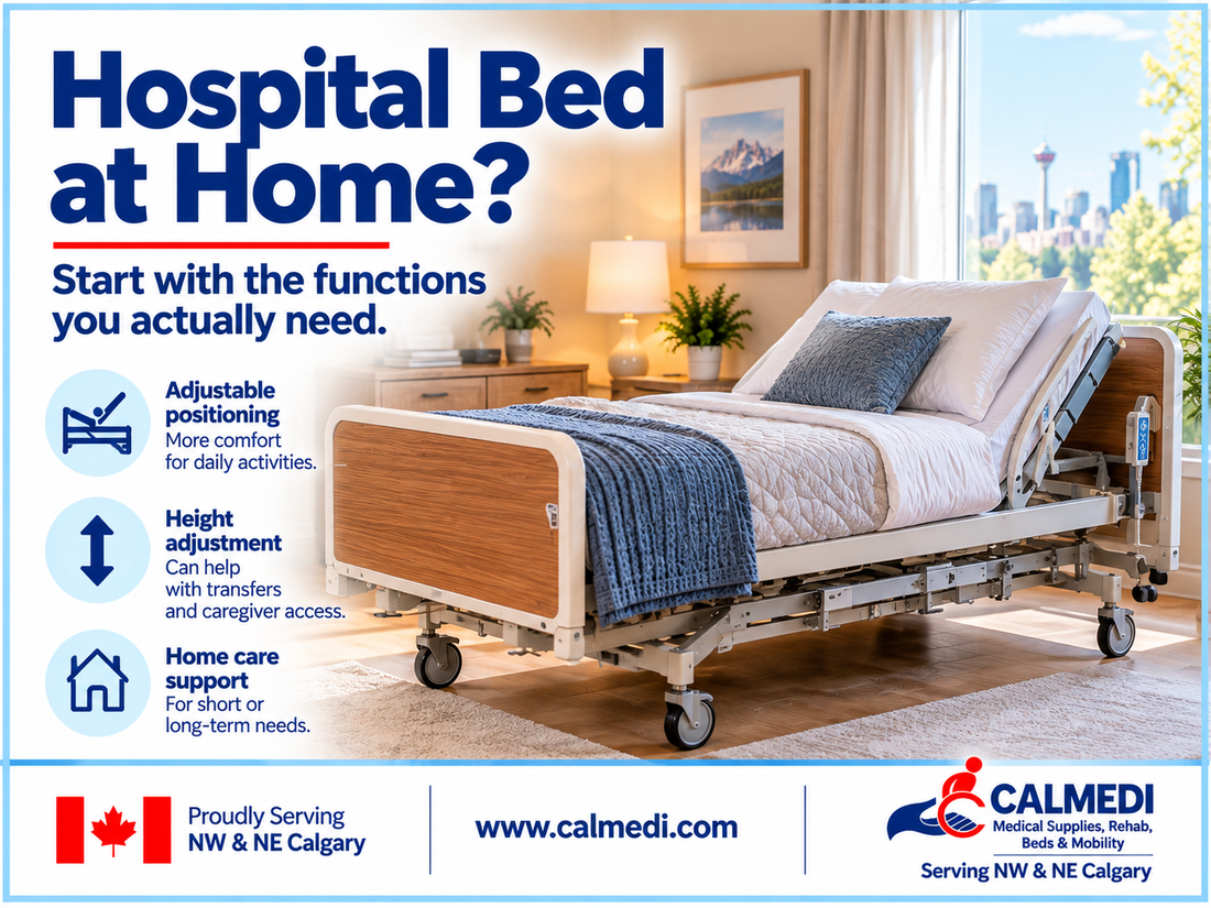 Adjustable electric hospital bed in a comfortable Calgary home setting illustrating home-care bed positioning and equipment selection.