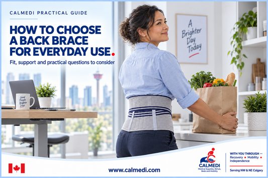 Adult wearing an adjustable back brace for everyday activity with Calmedi Medical Supplies Calgary product-fitting guidance.