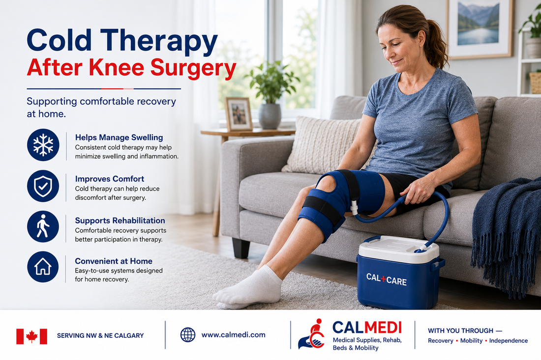 showing a person recovering comfortably at home after knee surgery while using a cold therapy system.