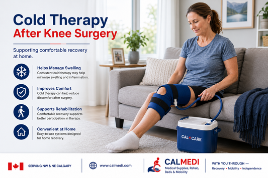 showing a person recovering comfortably at home after knee surgery while using a cold therapy system.