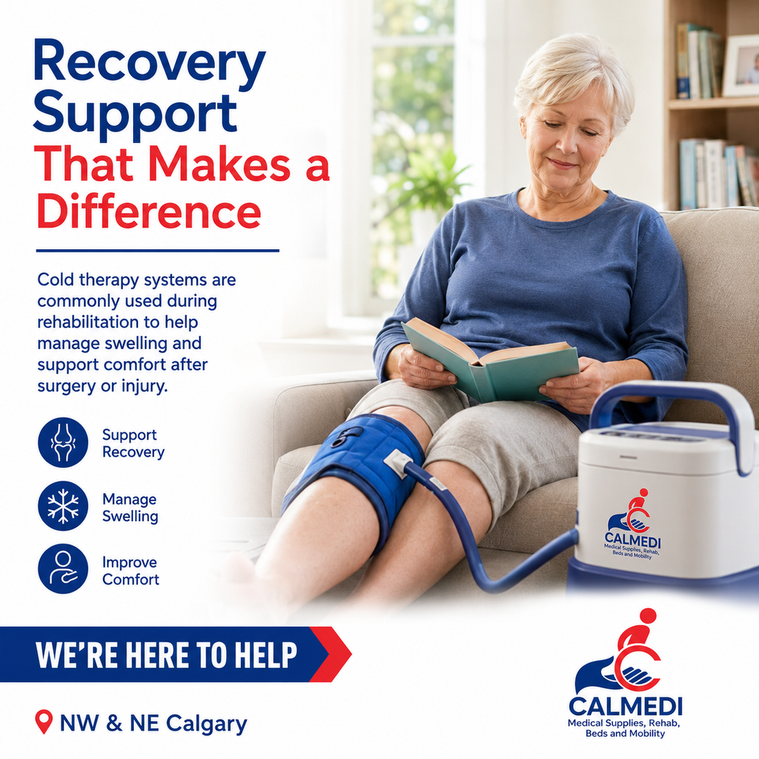 "Adult recovering comfortably at home using a cold therapy system during rehabilitation after surgery."