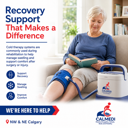 "Adult recovering comfortably at home using a cold therapy system during rehabilitation after surgery."