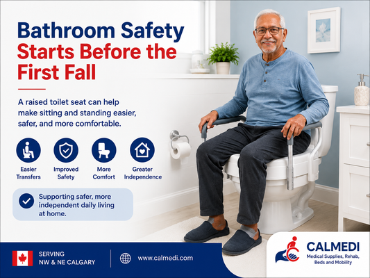 Older adult using a raised toilet seat in a bright accessible bathroom, demonstrating safer transfers and greater independence with home care equipment from Calmedi Medical Supplies Calgary.
