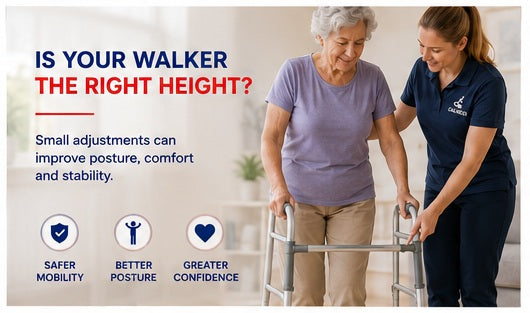 Senior using a properly adjusted walker while a healthcare professional demonstrates correct handle height in a bright Calgary home environment.