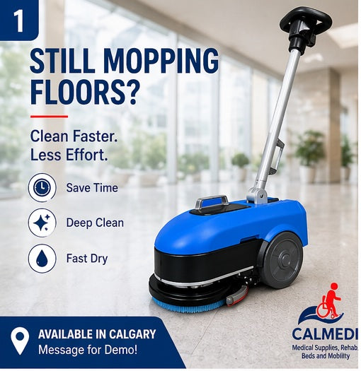 Compact floor scrubber for commercial cleaning in Calgary showroom display