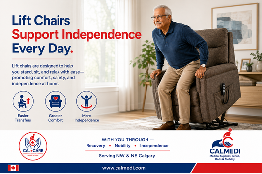 Older adult using a properly sized power lift chair at home, illustrating sit-to-stand assistance, mobility and independent living in Calgary.