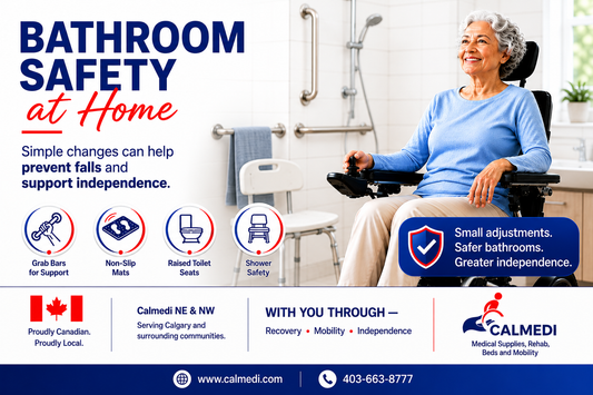 Senior woman in accessible bathroom with grab bars, shower chair, non-slip supports, and bathroom safety equipment promoting fall prevention and independent living in Calgary.