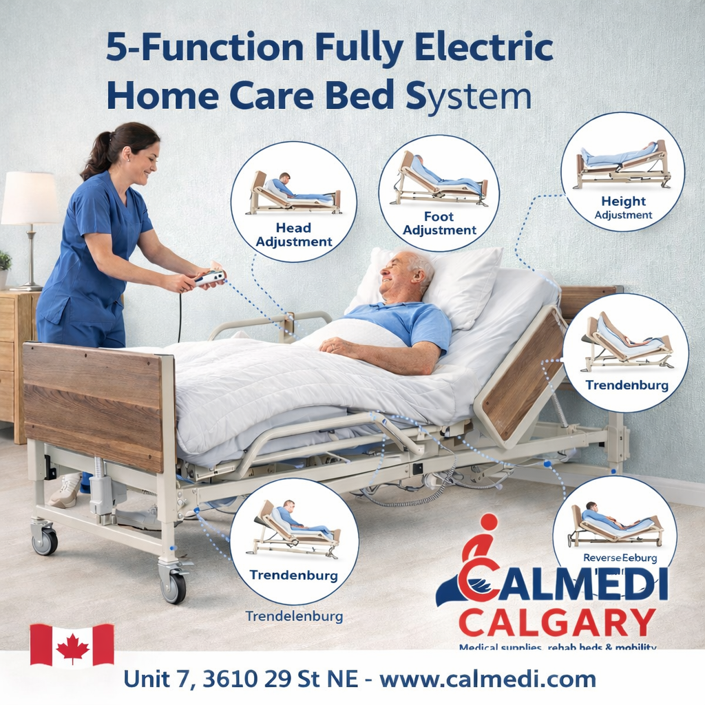 Fully electric adjustable home care bed demonstrating positioning functions for comfort and safer caregiving at home.