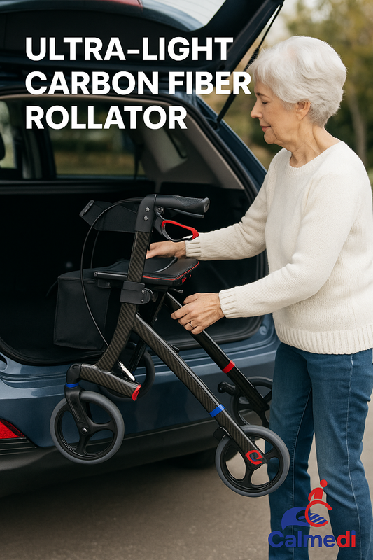 Older adult woman lifting a folded ultra-light carbon fiber rollator into a car trunk, showcasing portability and lightweight design — Calmedi branding