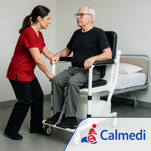 "Caregiver adjusting hydraulic multifunction commode beside a bed for safe transfer." Transfer Safety