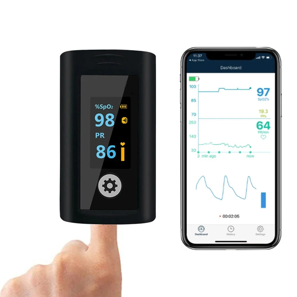 “Bluetooth fingertip pulse oximeter with SPO2, pulse rate, and PI display available at Calmedi Medical Supplies Calgary.”