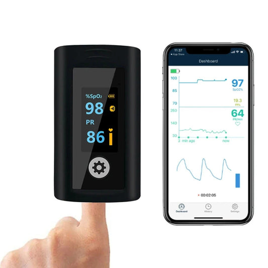 “Bluetooth fingertip pulse oximeter with SPO2, pulse rate, and PI display available at Calmedi Medical Supplies Calgary.”