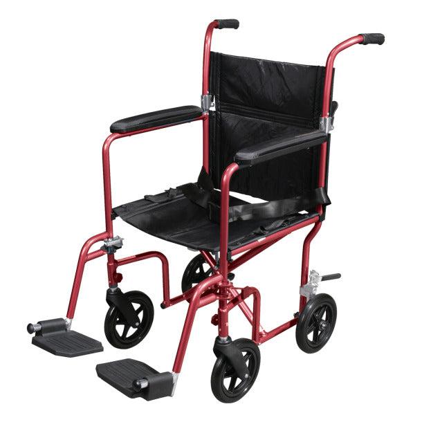 Drive Medical RTLFW19RW-RD red fly-weight transport chair with 19-inch seat
