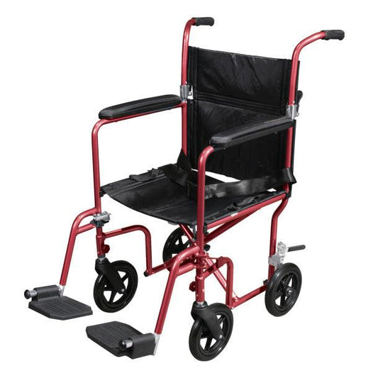 Drive Medical RTLFW19RW-RD red fly-weight transport chair with 19-inch seat