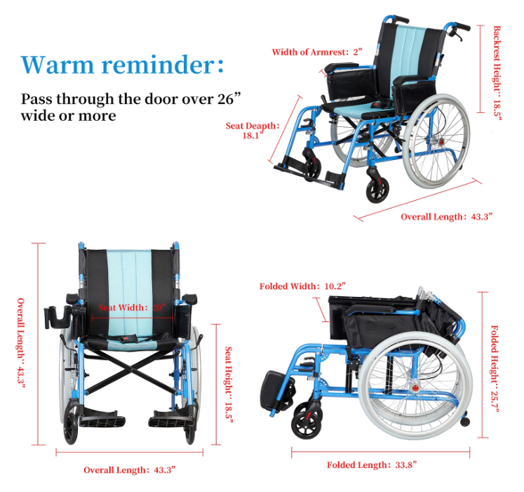Magnesium alloy Lightweight Wheelchair with Ergonomic Backrest, 18"