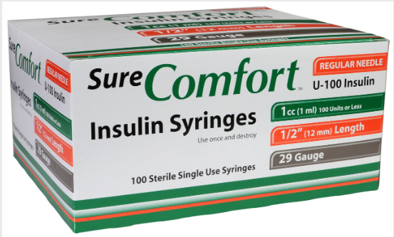 SURE COMFORT INSULIN SYRINGE, 28 G, 1/2", 1cc