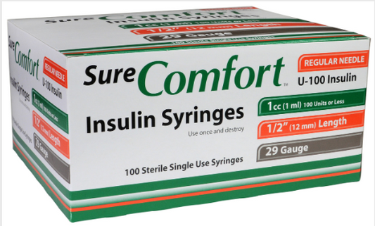 SURE COMFORT INSULIN SYRINGE, 28 G, 1/2", 1cc