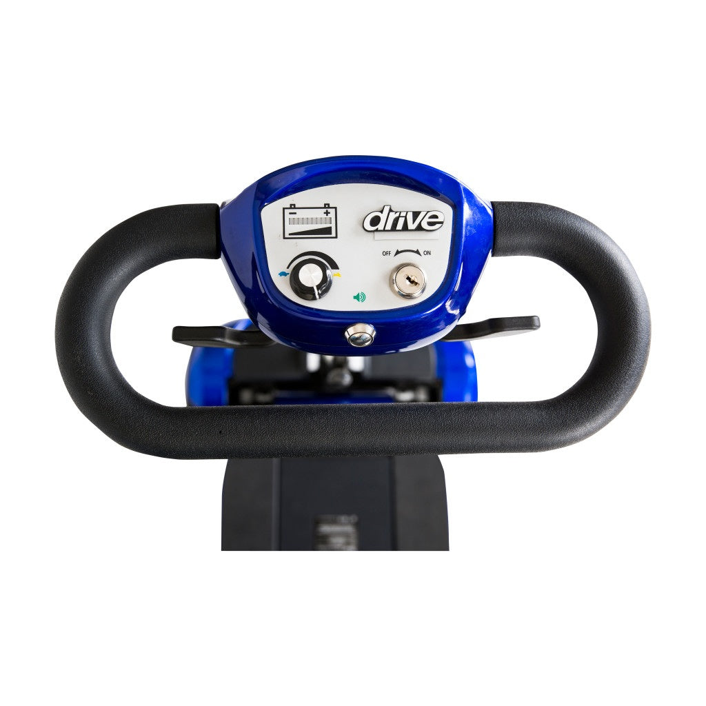 ZooMe Auto-Flex mobility scooter control panel with battery indicator, speed adjustment and key ignition