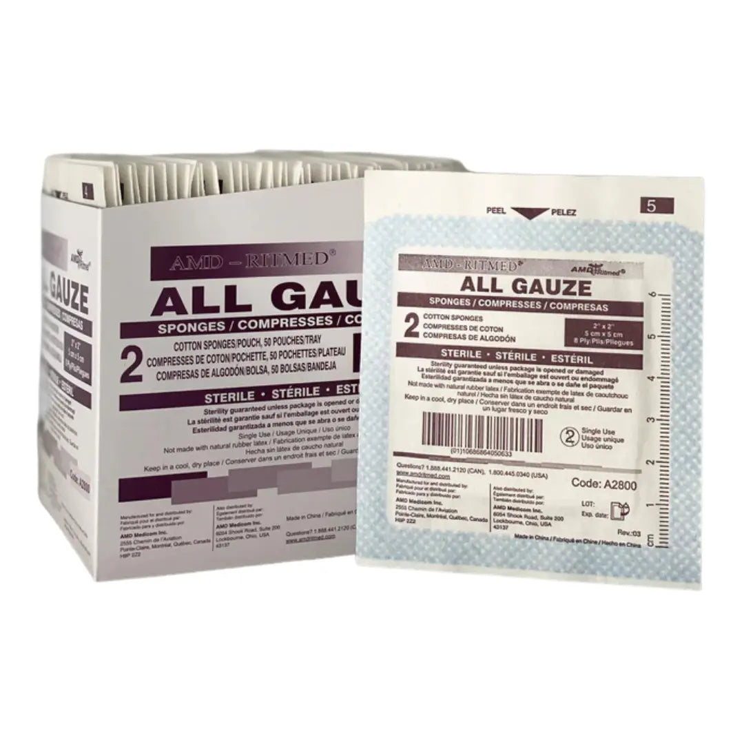 AMD-Ritmed A2800 sterile 8-ply gauze sponges, 2 × 2 in