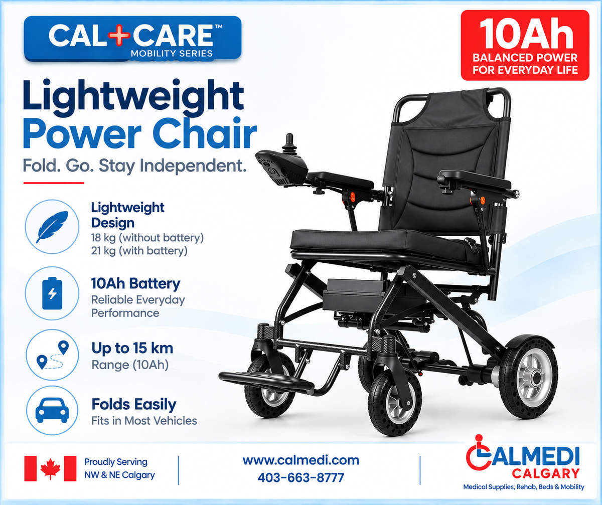 CAL-PC-10AH lightweight folding power wheelchair with 10Ah battery; 18 kg without battery, 21 kg with battery, manufacturer-stated range up to 15 km