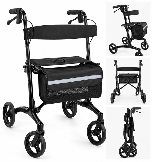 CalCare carbon fiber rollator on a clean white background with side, rear and folded views