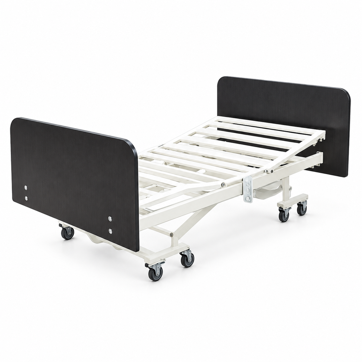 CalCare expandable five-function electric hospital bed frame without mattress or side rails, product rendering on white background