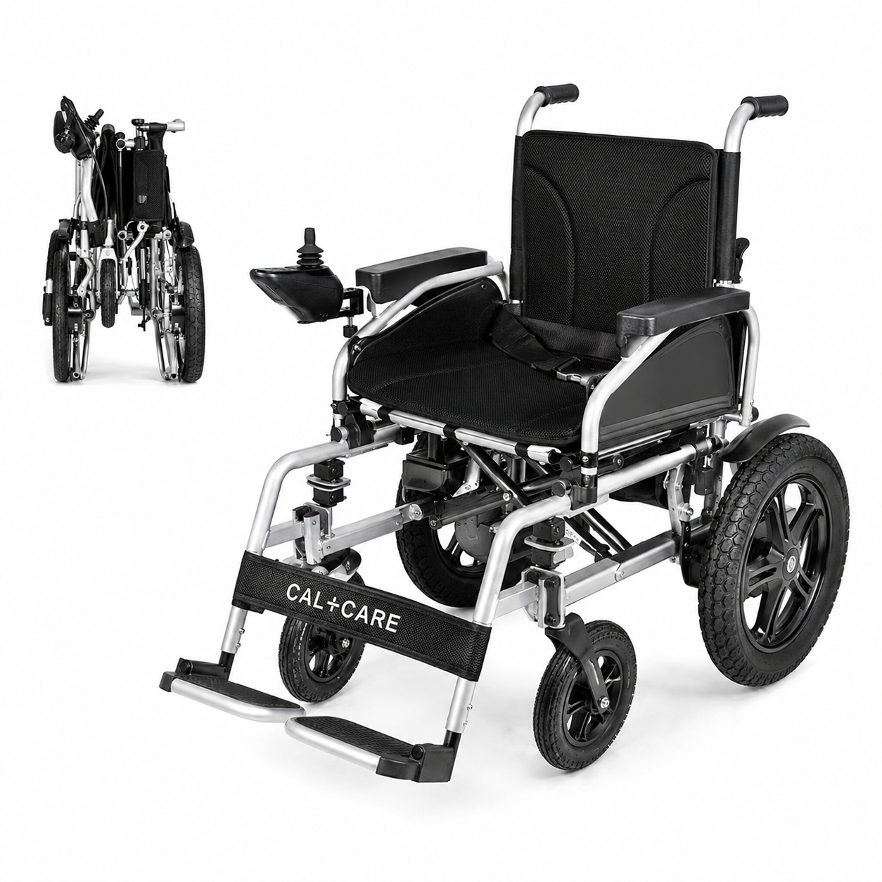 Silver CAL+CARE lightweight folding electric wheelchair rental in Calgary